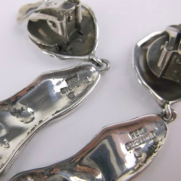 Big Vintage Heavy Sterling Silver Drop Earrings Designer Signed - Picture 4 of 4